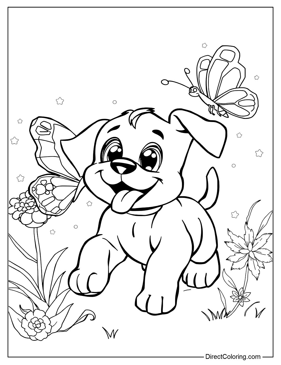 Puppy Chasing a Butterfly Coloring Page